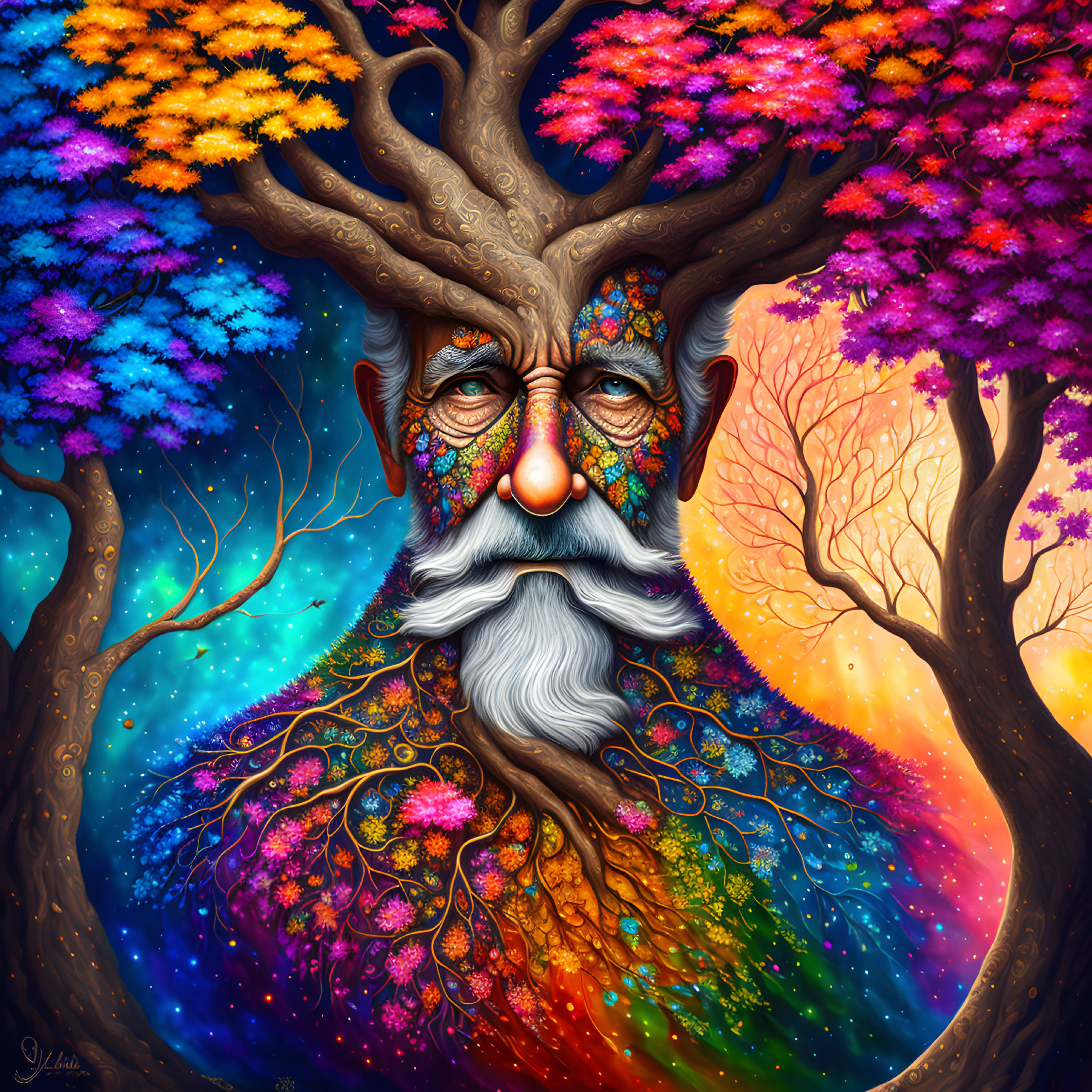 Colorful tree with man's face: intricate patterns and vibrant foliage