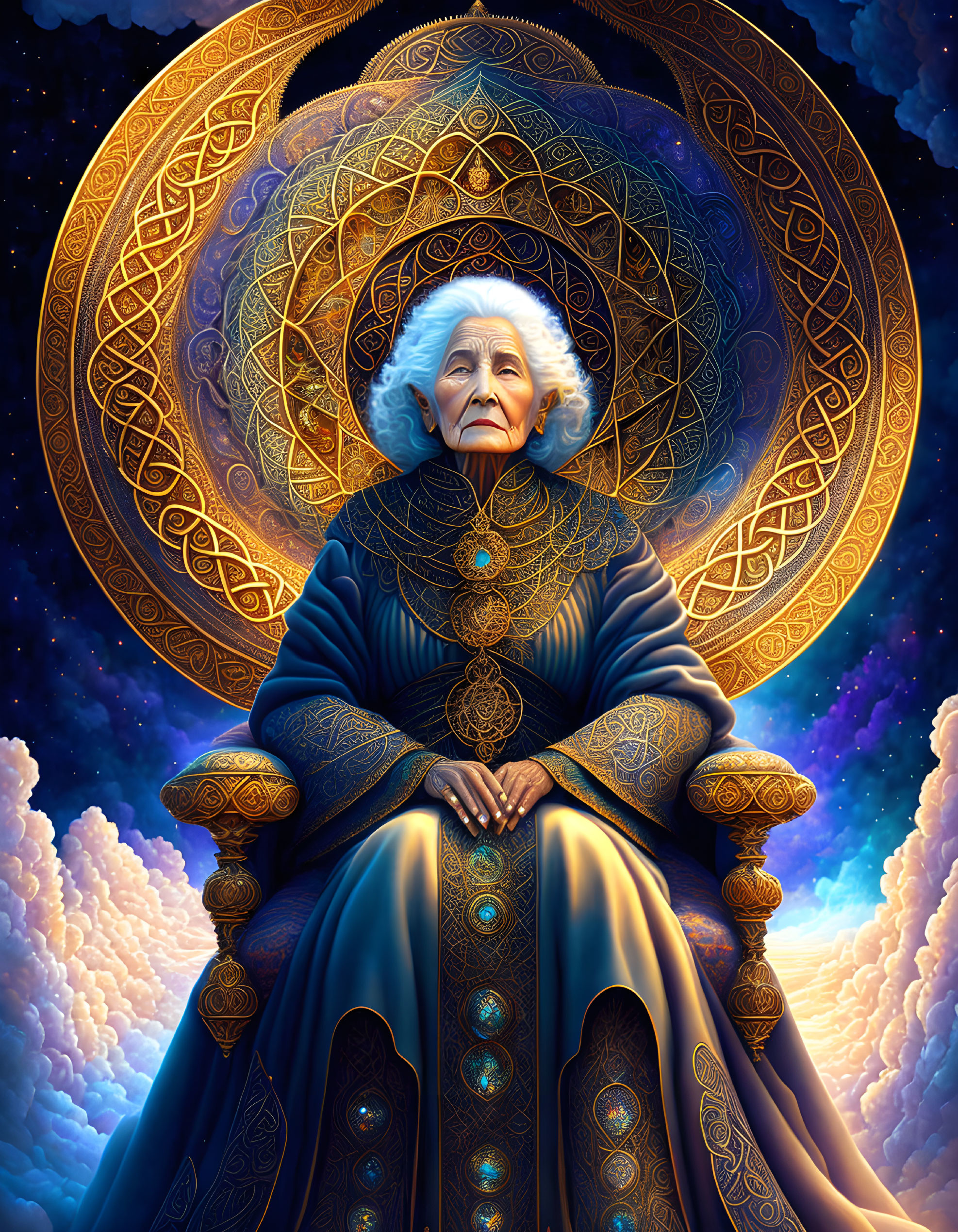 Elder Woman in Regal Blue Robes with Cosmic Mandala Halo