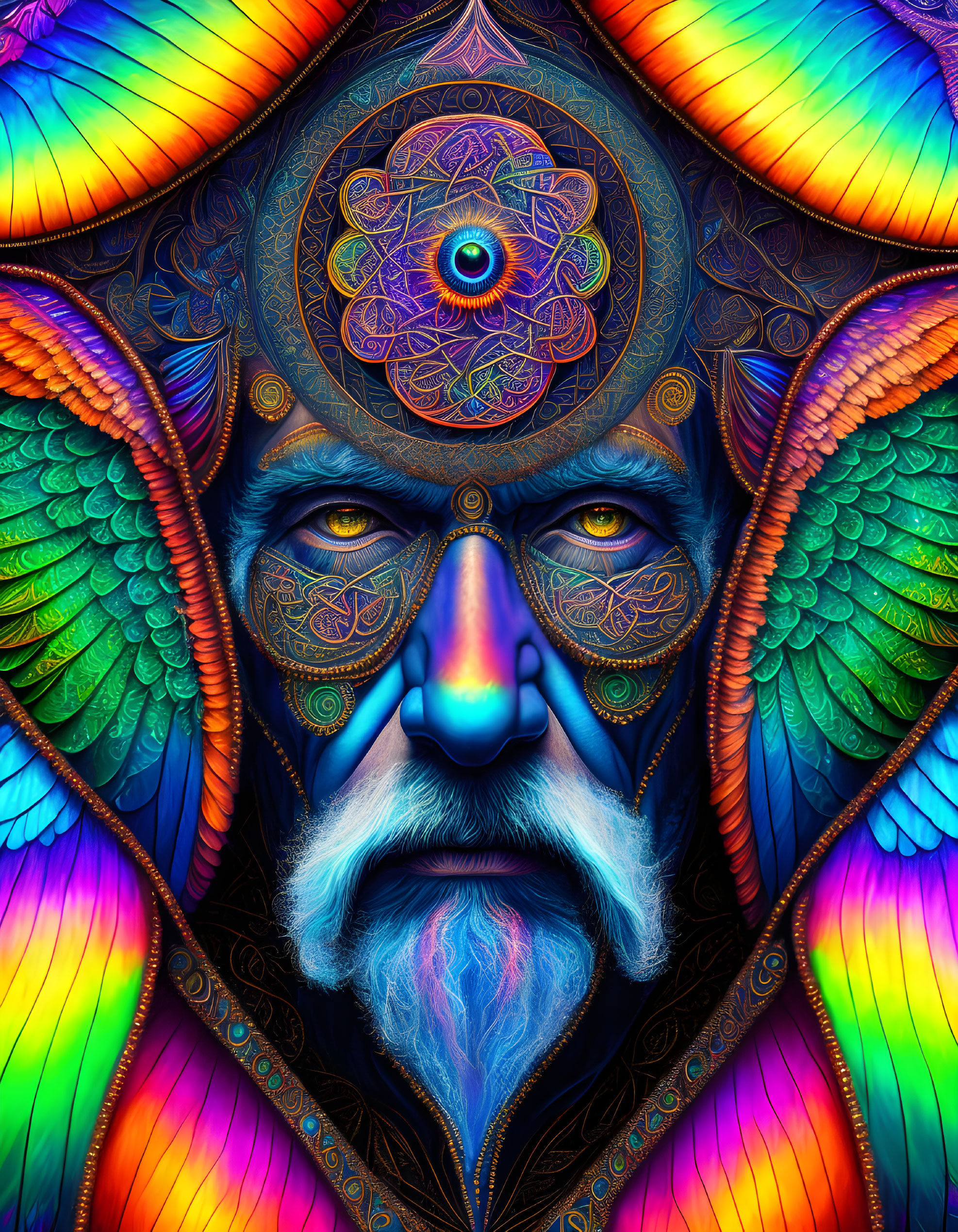 Colorful Illustration of Wise Bearded Figure with Mandalas and Feathers