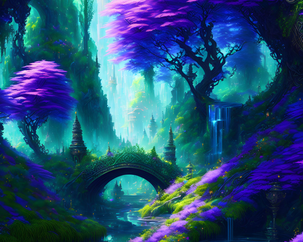 Fantasy forest with purple foliage, stone bridge, river, waterfalls, and mystical structures