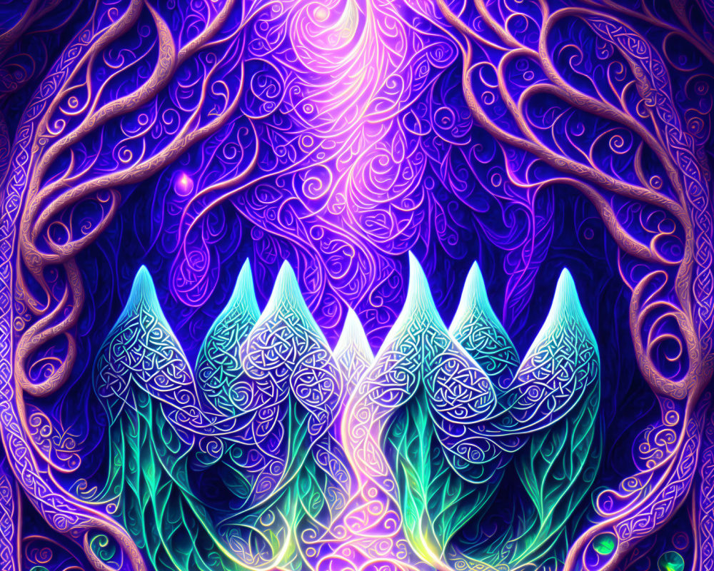 Colorful digital artwork: Glowing trees on mystical background