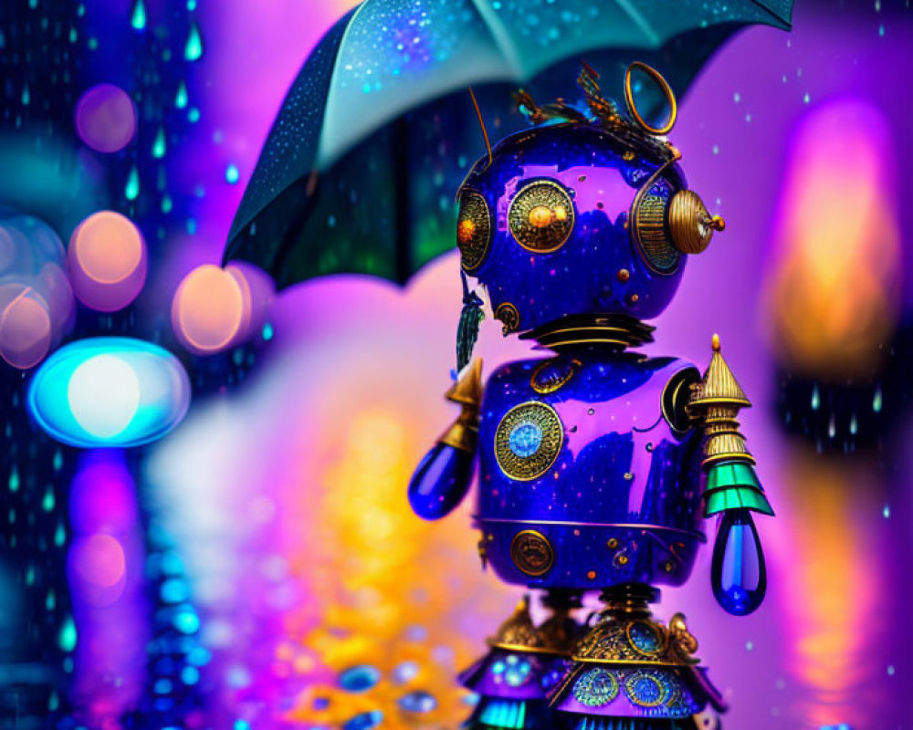 Colorful Steampunk Robot with Umbrella and Lantern in Rainy Scene