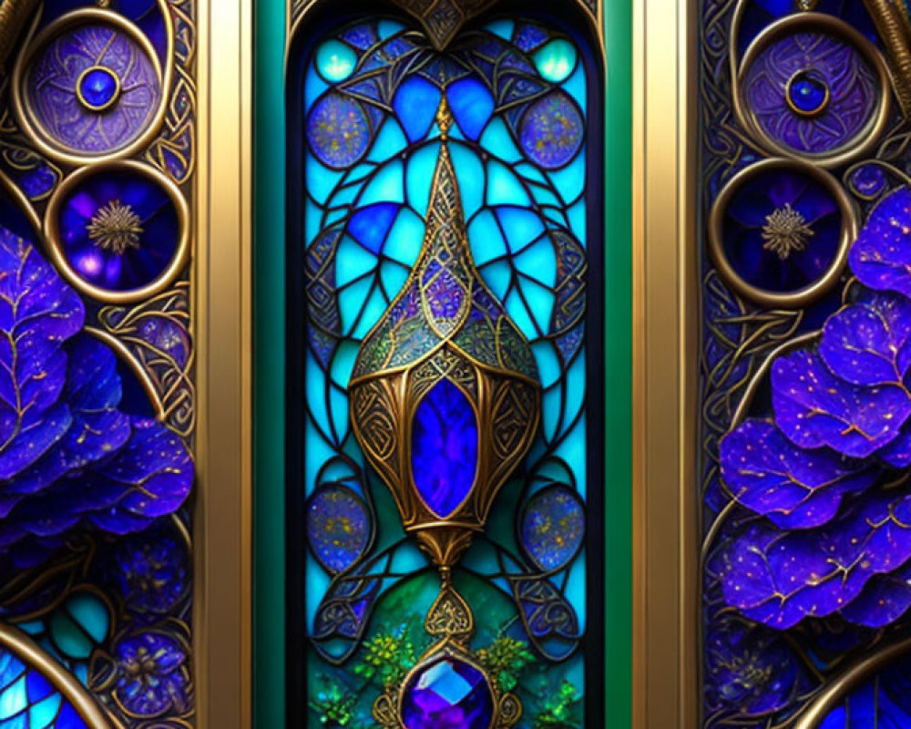 Vibrant blue stained glass digital artwork with gold filigree and gemstone details