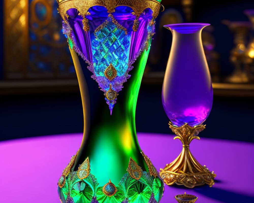 Elegant Green and Purple Glass Vase with Gold Detailing on Reflective Surface