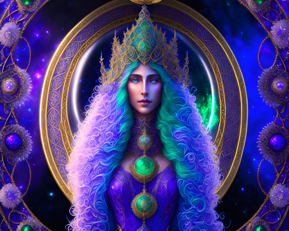 Regal figure with blue and purple hair in cosmic setting