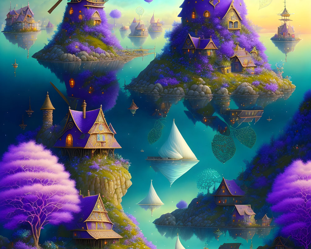 Twilight floating island with purple foliage and windmills