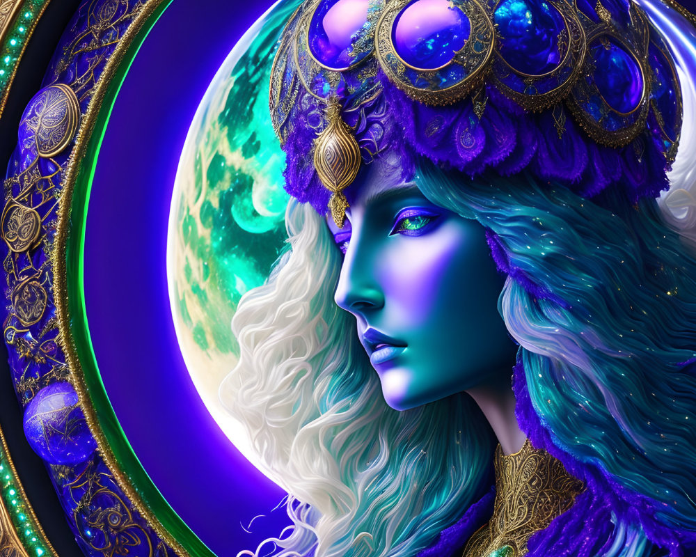 Detailed digital artwork of mystical female figure with blue skin and white hair, wearing golden headdress and jewelry