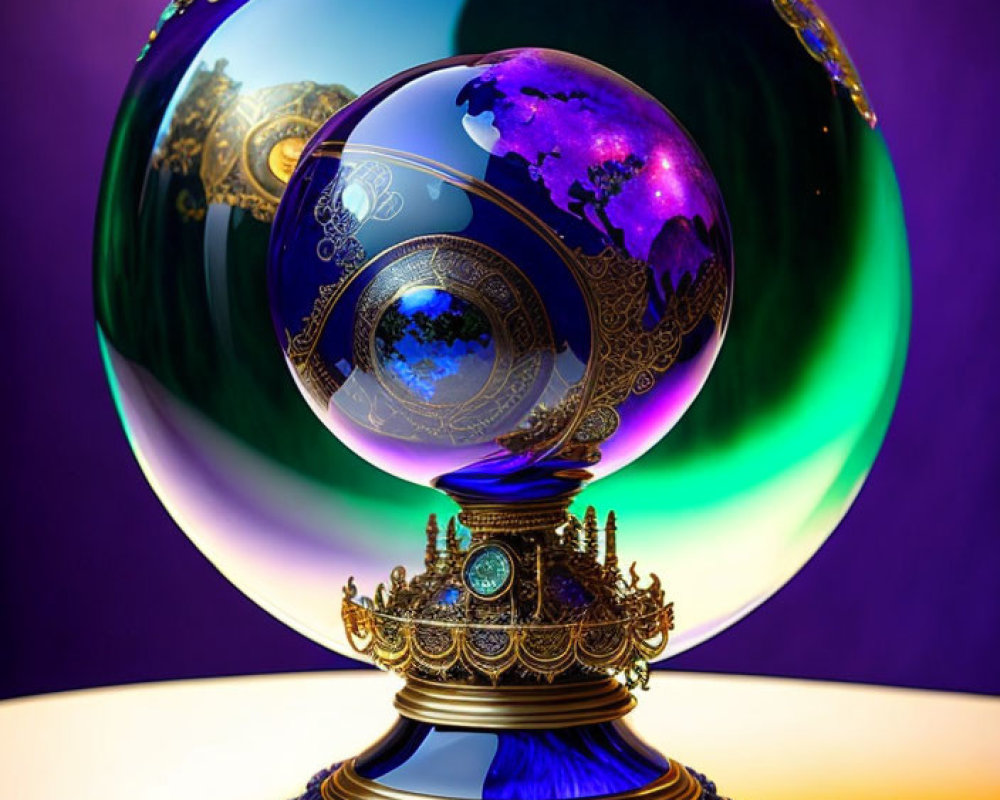 Colorful spherical ornamental object on detailed stand with purple and green background.