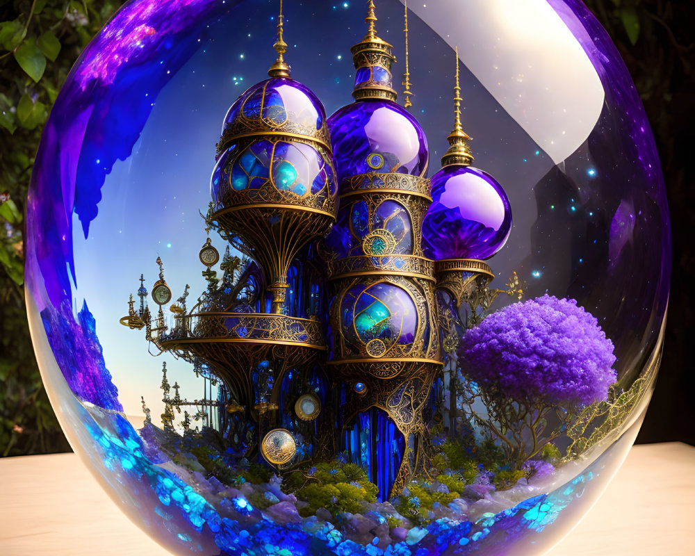 Fantasy castle scene in mystical crystal ball on ornate stand