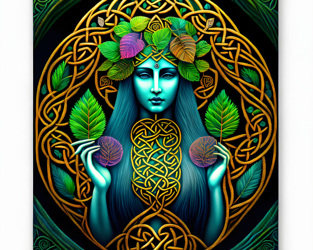 Blue-skinned mystical female figure with Celtic knots and green motifs in circular border