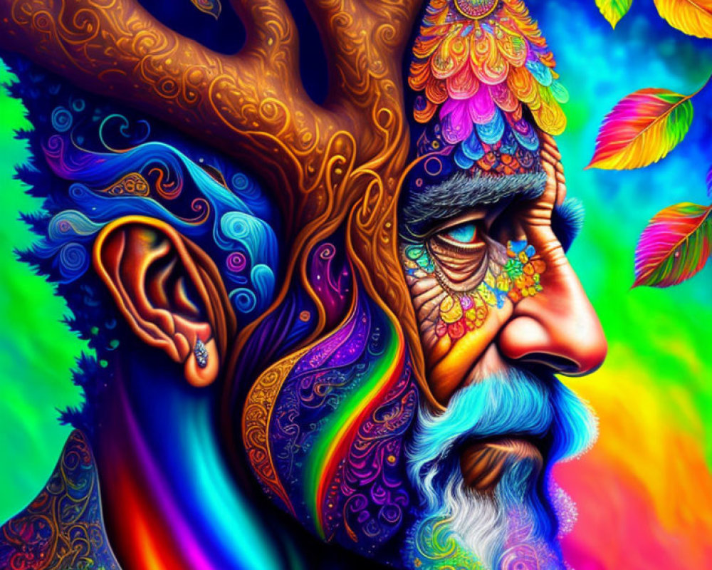 Colorful Psychedelic Artwork: Old Man Profile with Tree Design