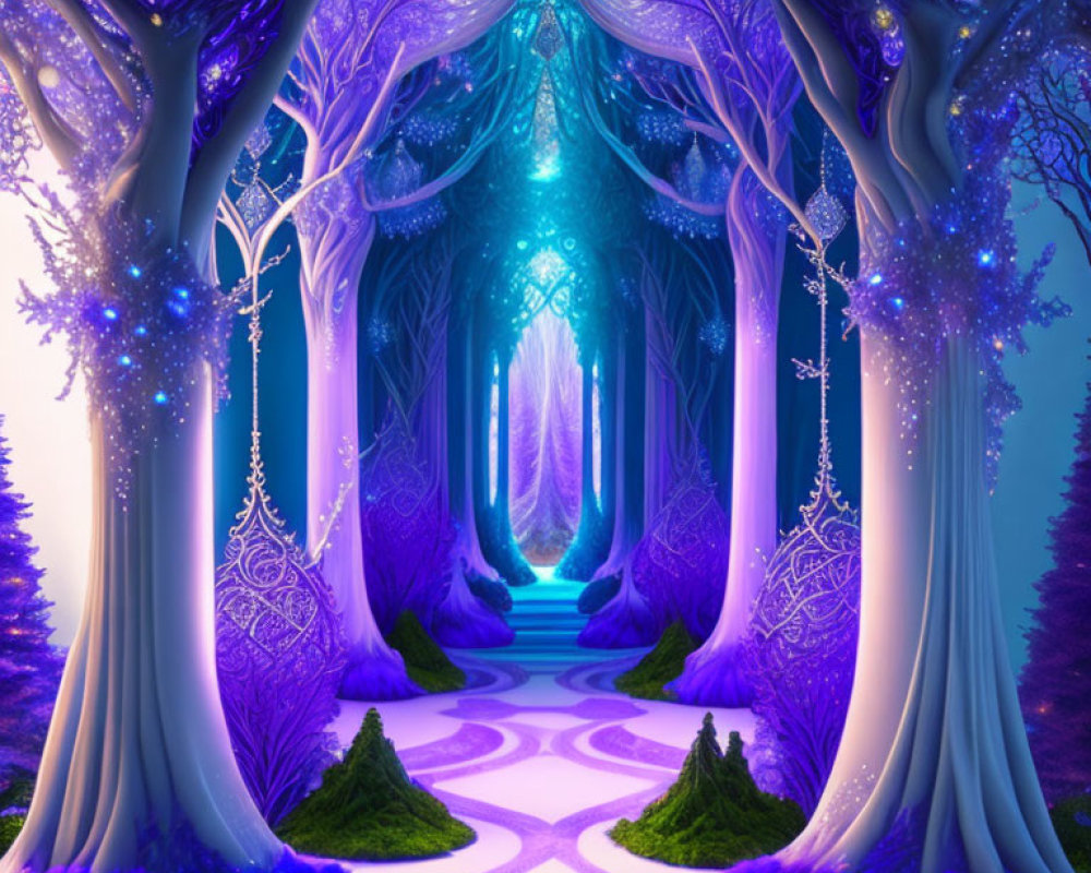 Vibrant Purple and Blue Mystical Forest with Glowing Pathway