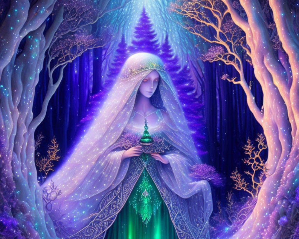 Mystical figure with lantern in starry forest landscape