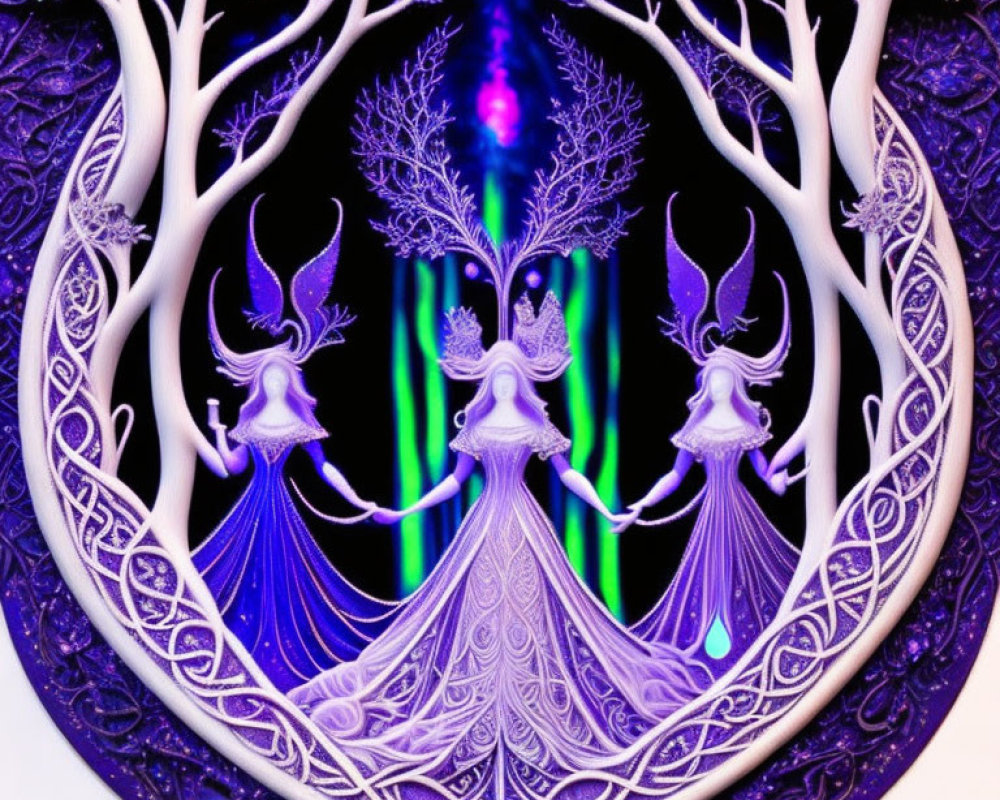 Detailed Artwork: Three Violet-Robed Female Figures in Ornate Tree Frame