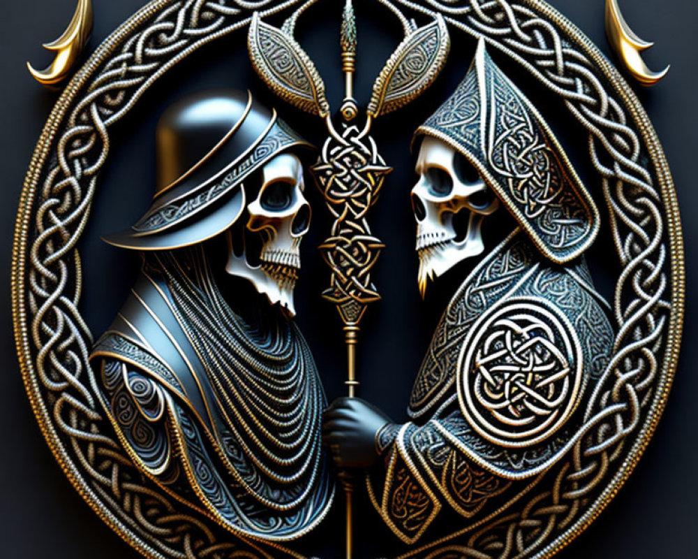 Stylized skulls with medieval helmets, chainmail, and Celtic patterns on dark background