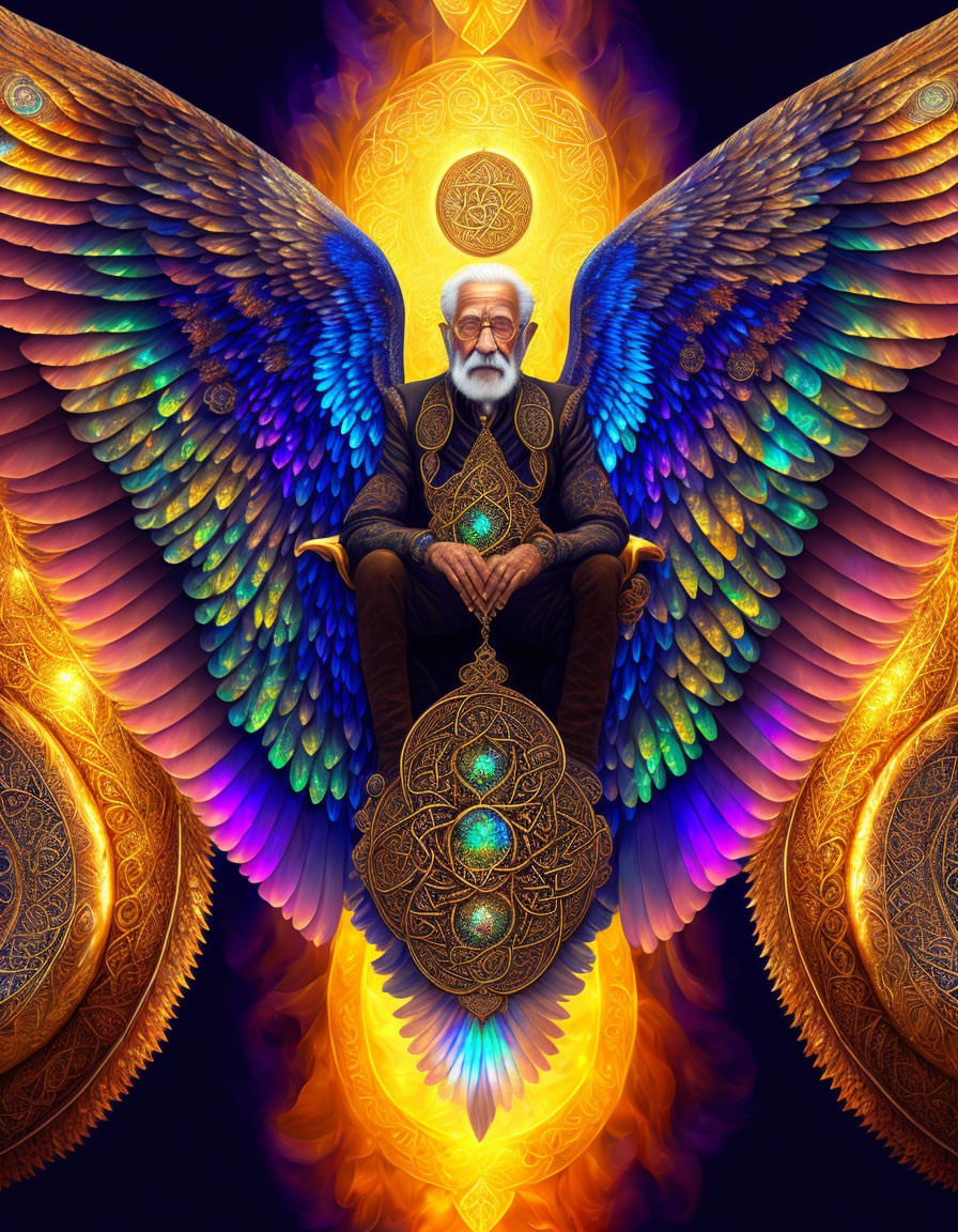 Bearded figure with colorful wings in golden surroundings