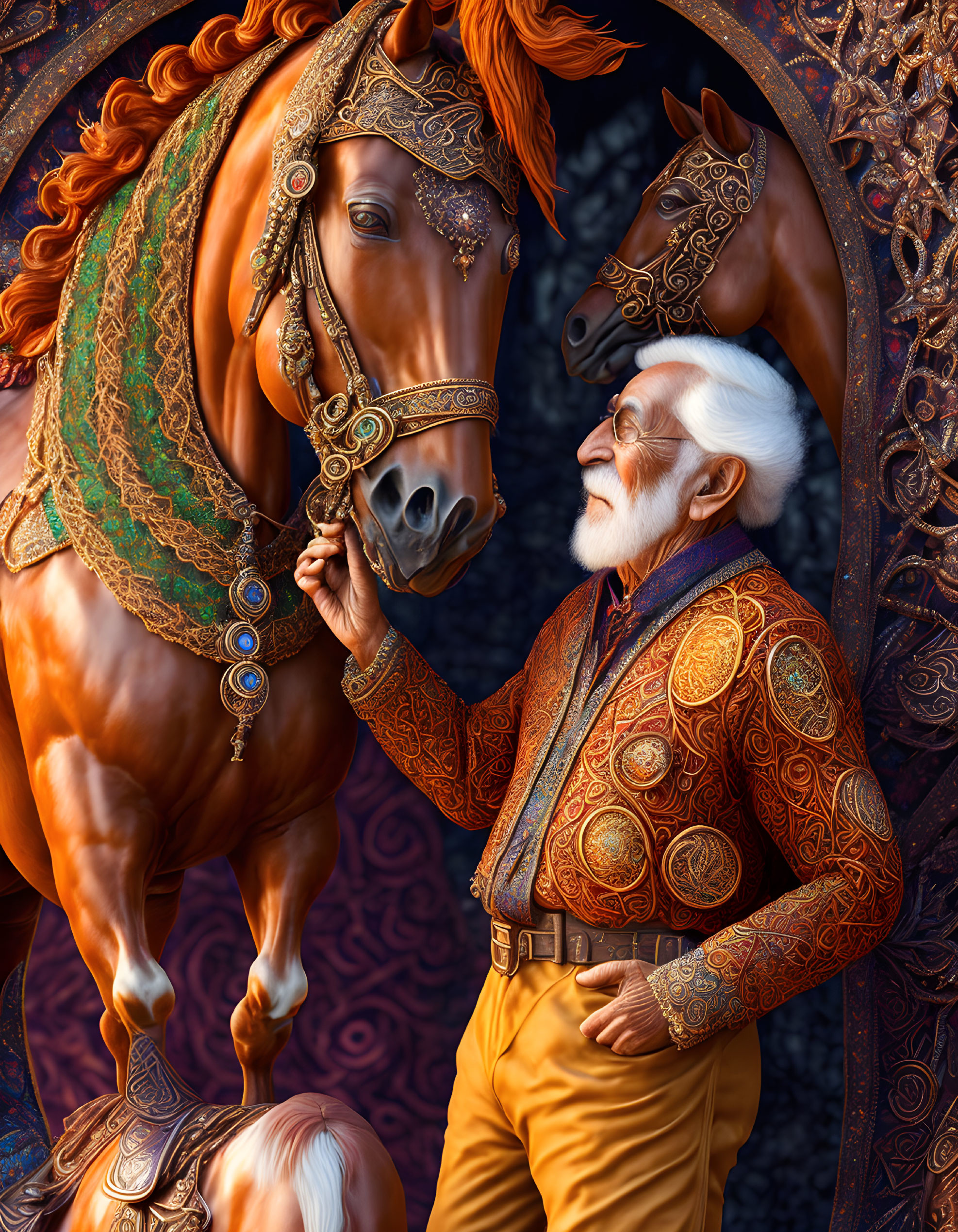 Elderly man in ornate clothing with white beard beside majestic brown horse