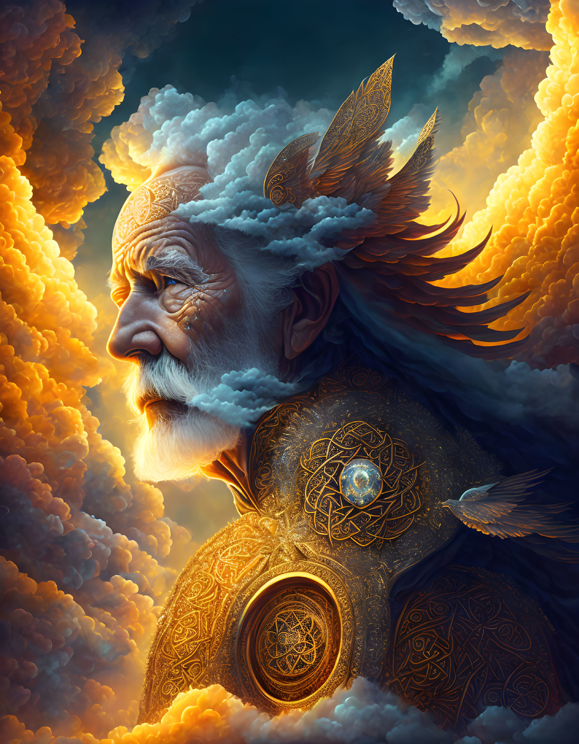 Illustrated elder in winged helmet and armor against vibrant golden clouds