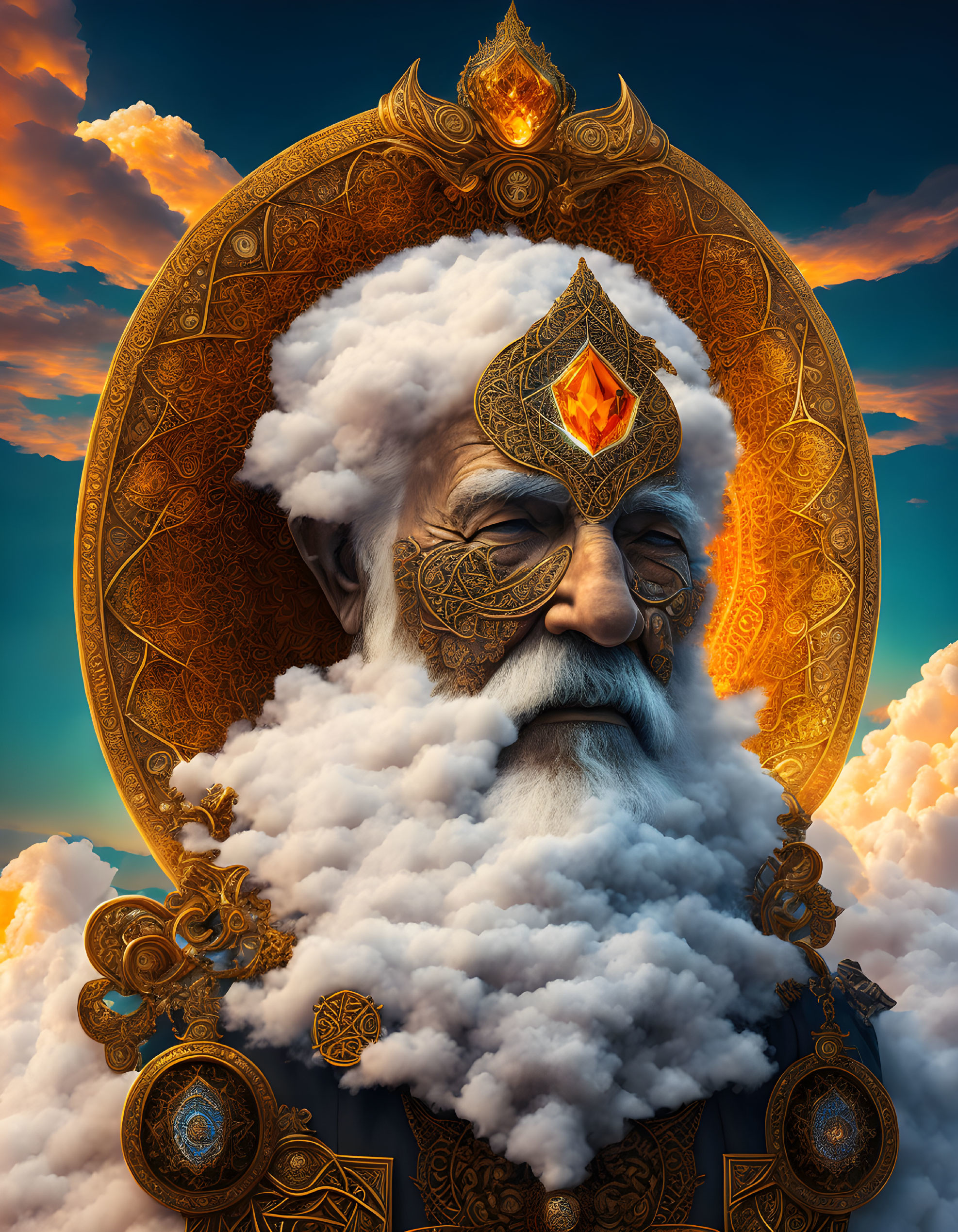 Elderly bearded figure in golden regalia with clouds at sunset