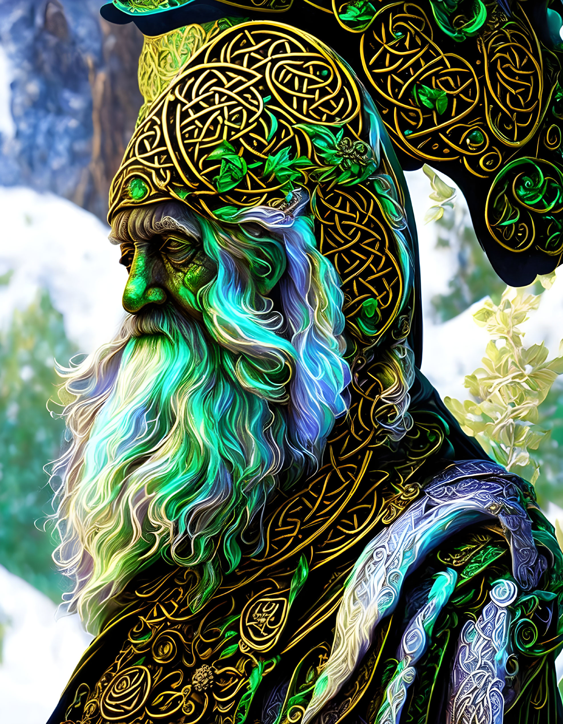 Intricate illustration of wise, bearded figure in golden Celtic armor on snowy background