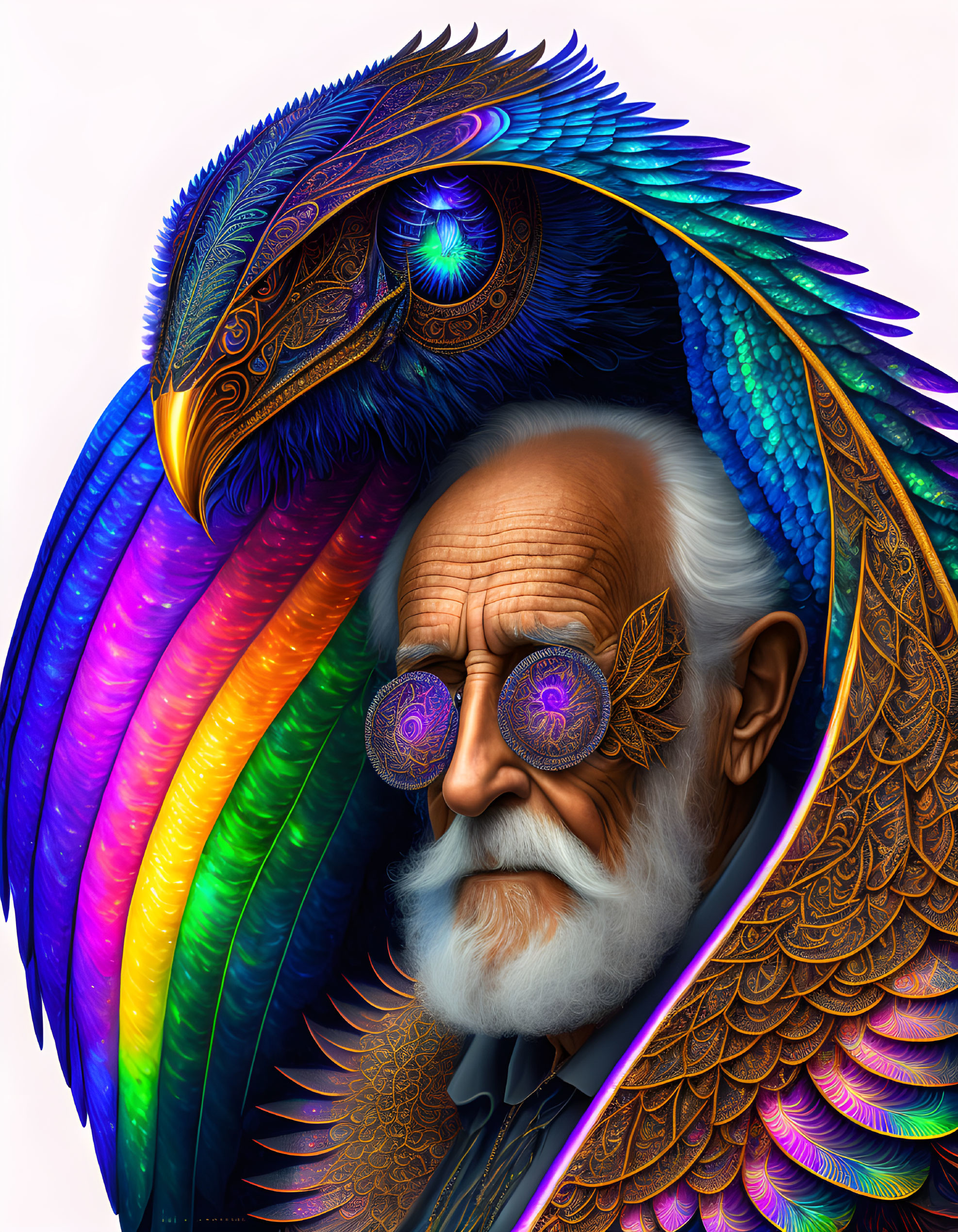 Elderly man adorned with colorful peacock feather cloak