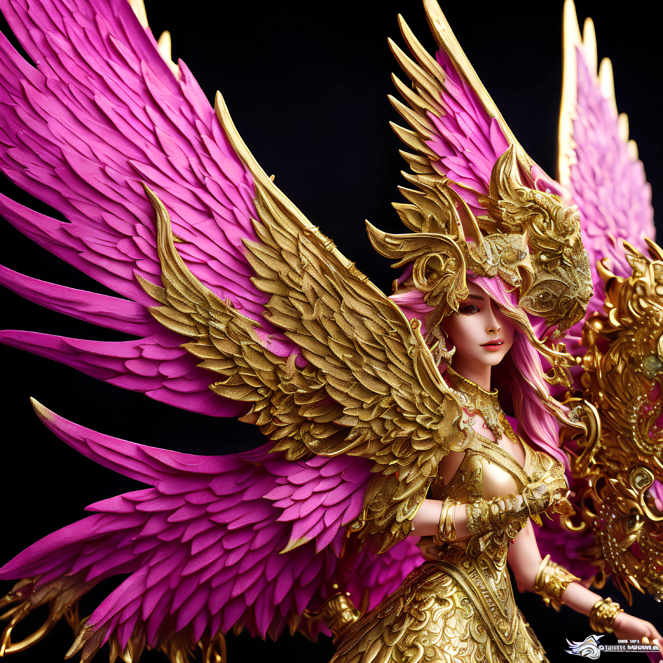 Golden-armored character with ornate mask and pink wings in 3D illustration