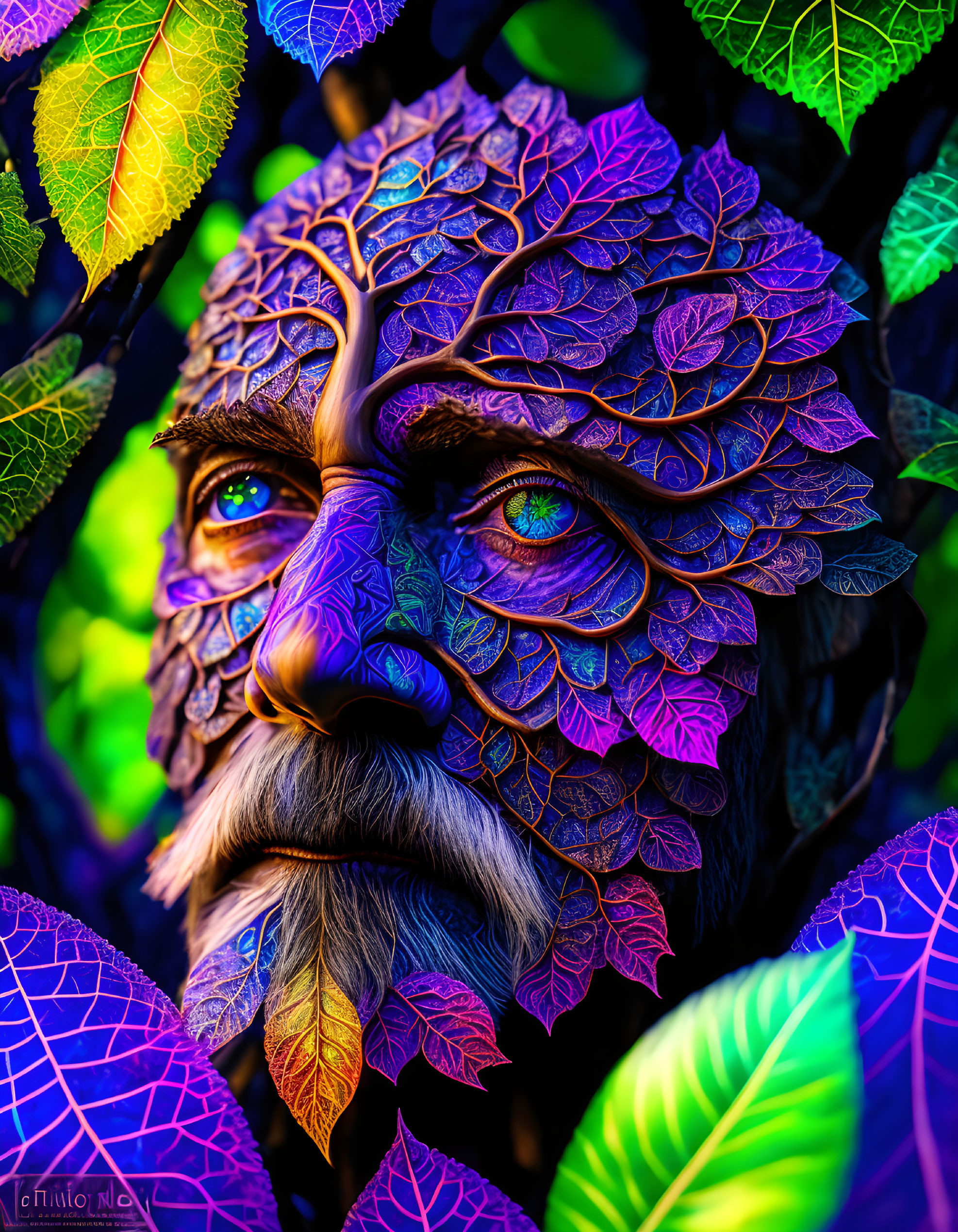 Colorful portrait of a wise tree-like being with leaf-patterned skin and a bushy white beard