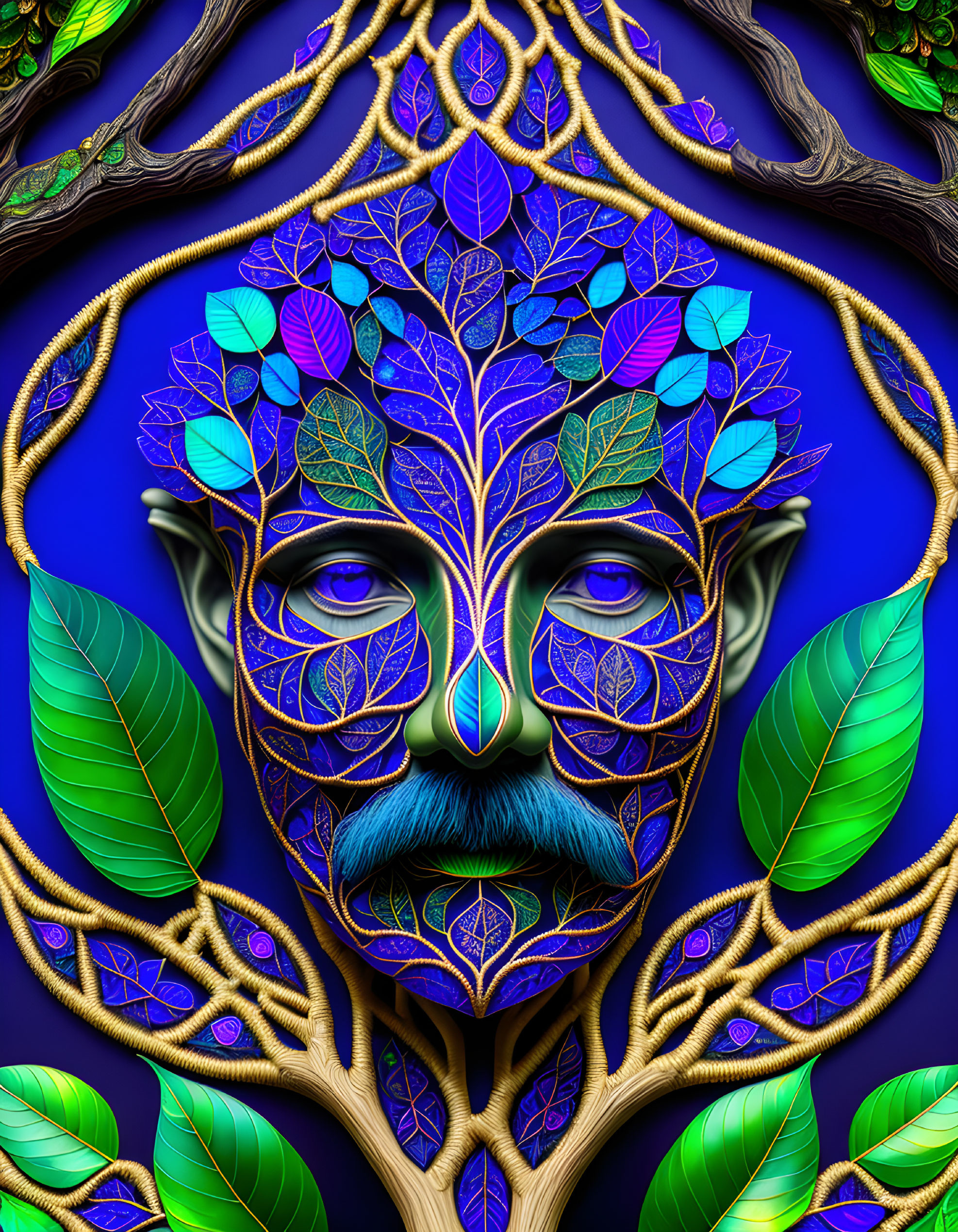 Colorful digital artwork: Face with tree branches as hair in rich blues and greens