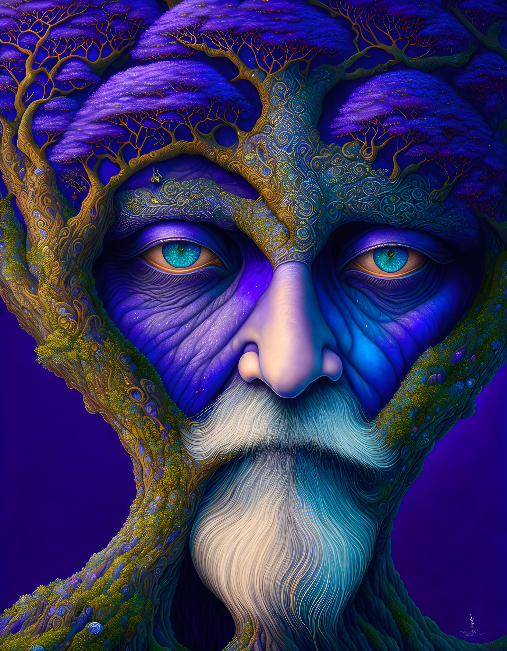 Illustration of elderly mystical figure with blue skin and tree branch patterns.