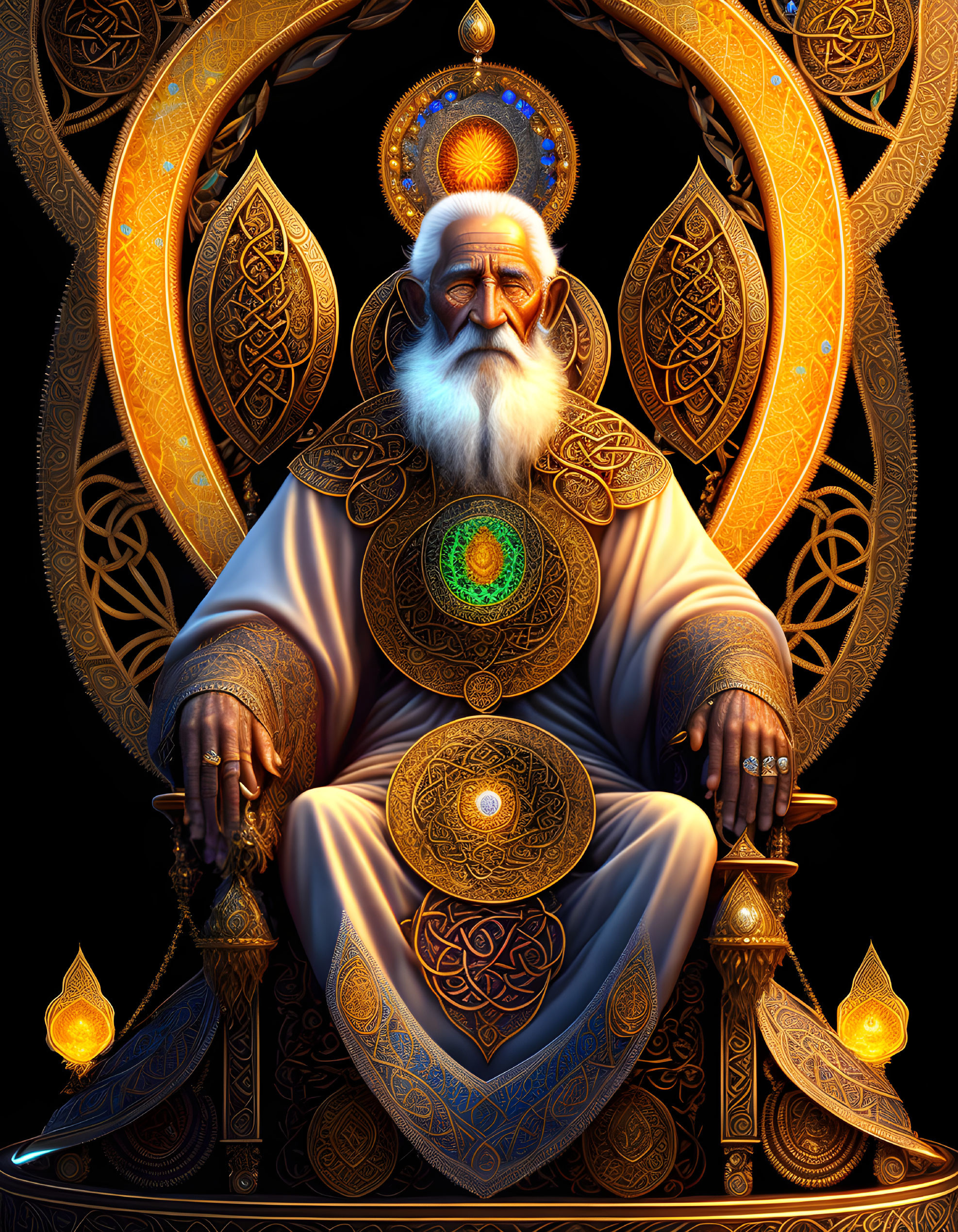 Elderly Man Surrounded by Golden Mandala Designs and Glowing Orbs