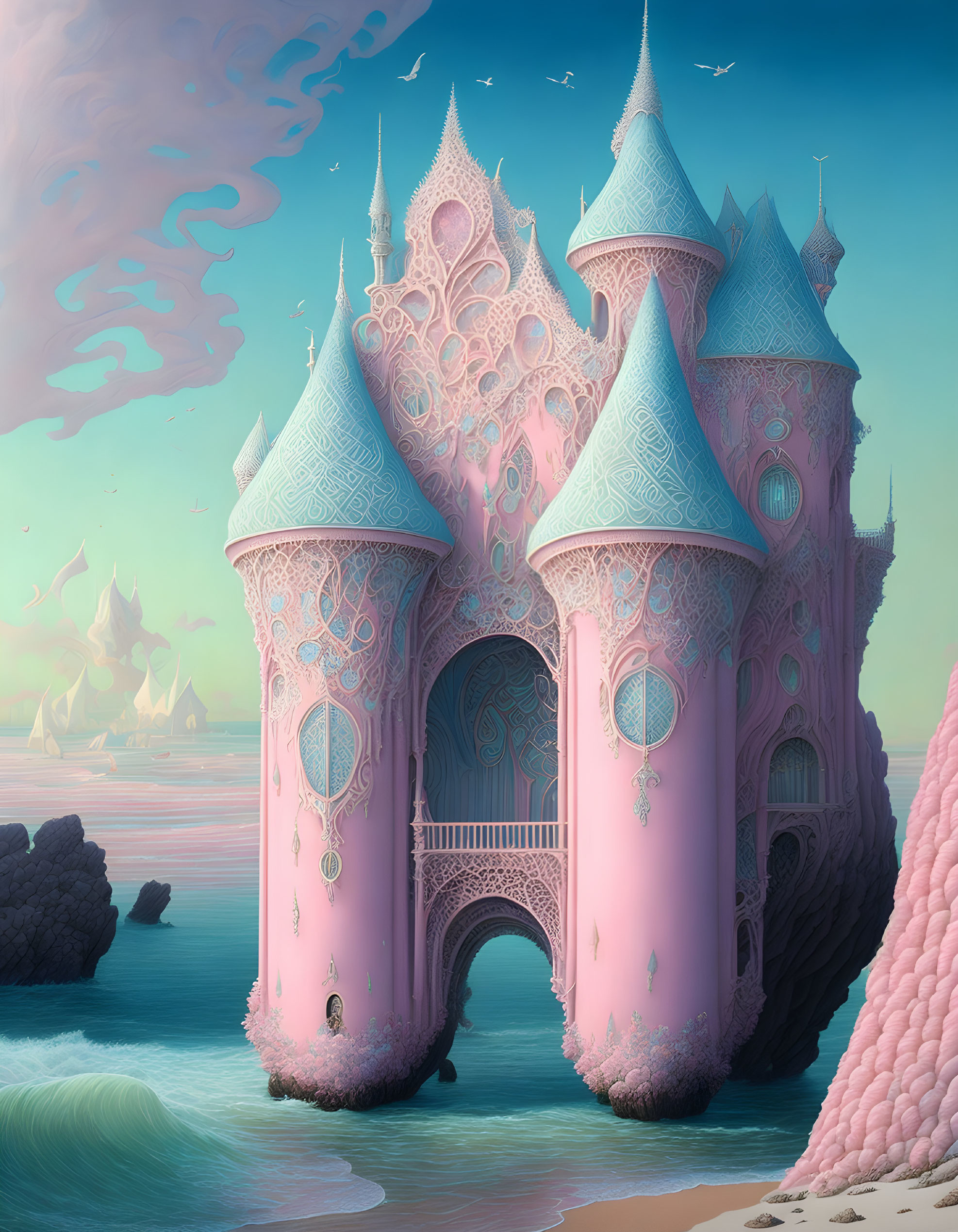 Pink castle by the sea under swirling pink clouds