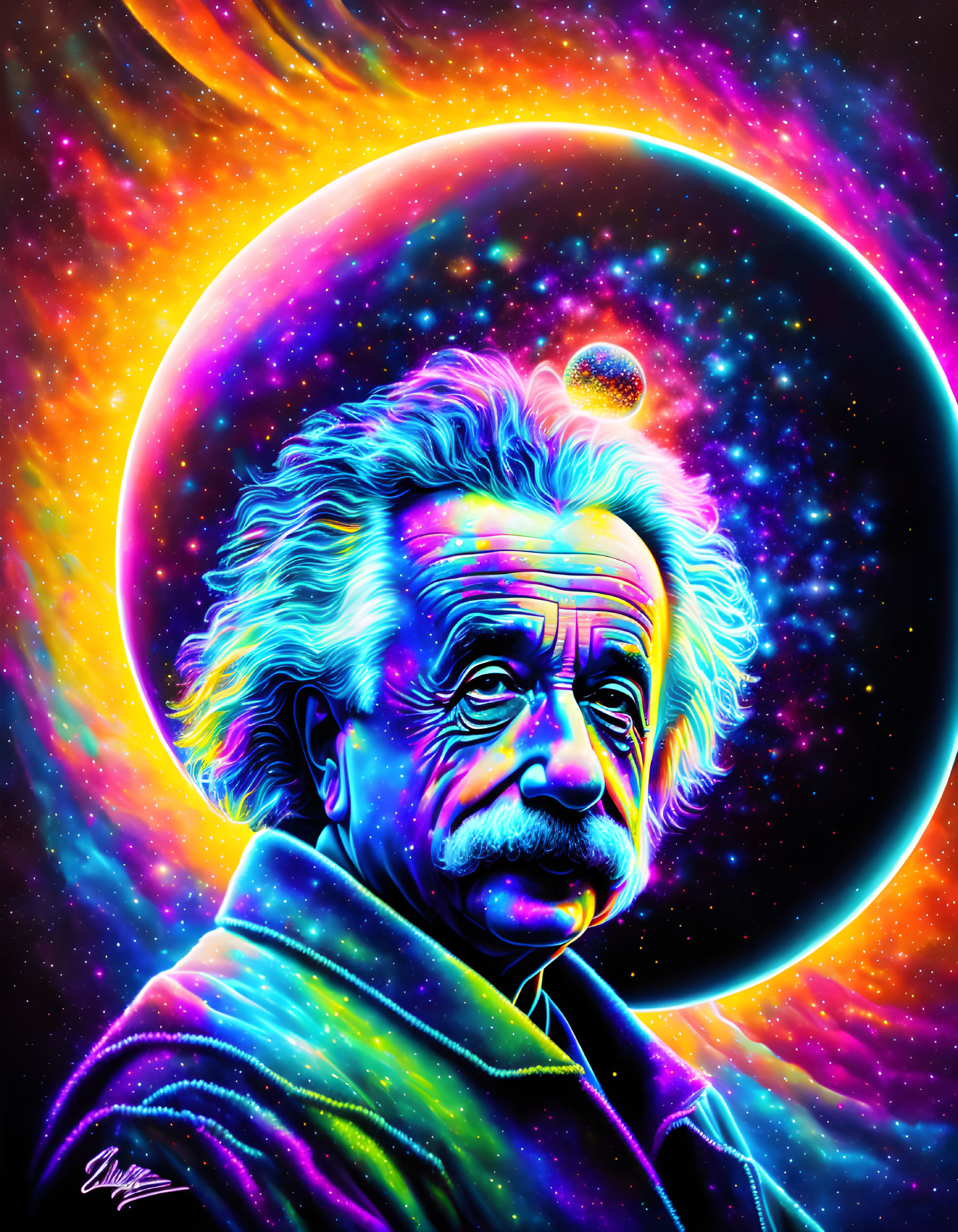 Colorful psychedelic portrait of a man with mustache and wild hair in cosmic setting