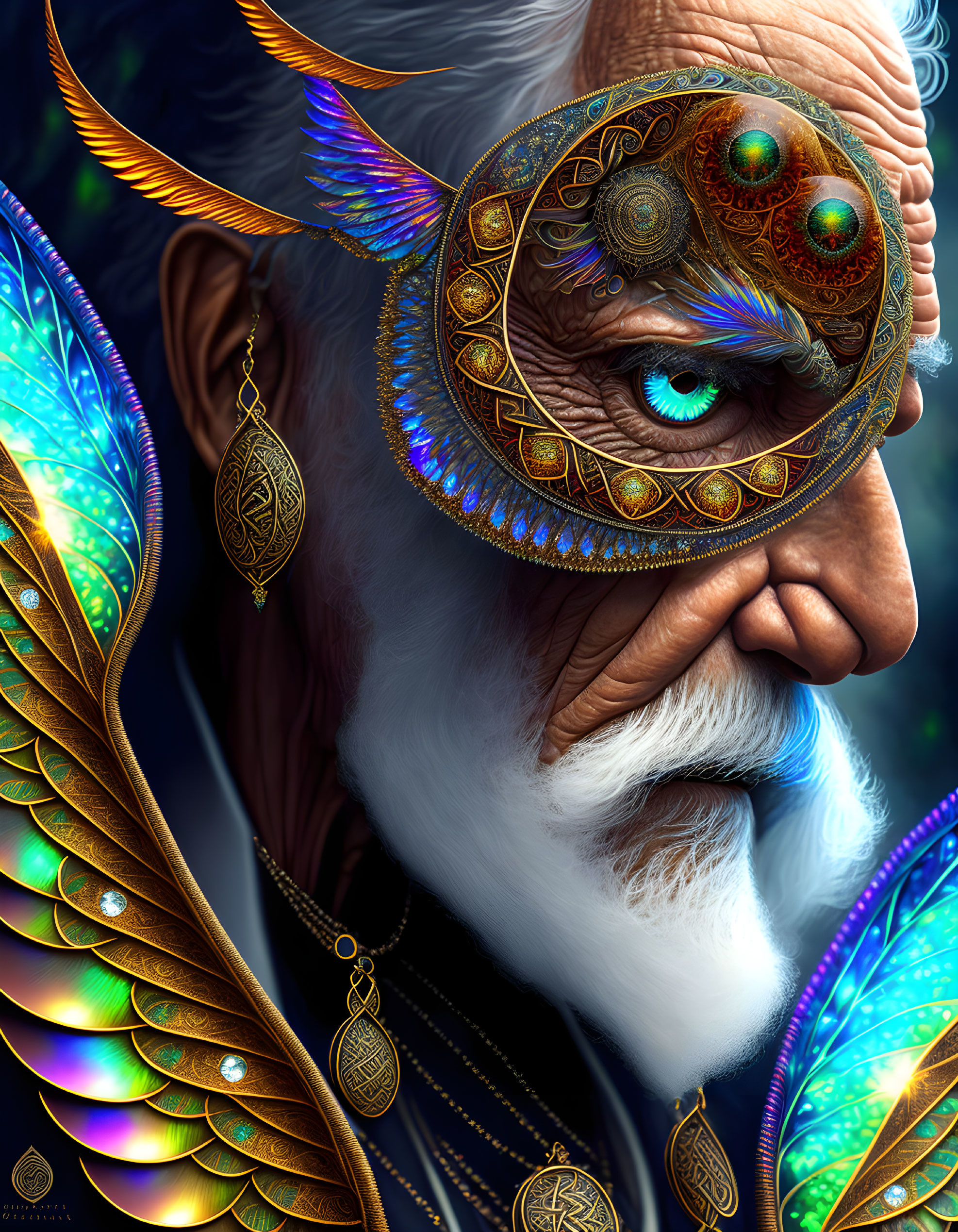 Elderly man with white beard and peacock feather accessories