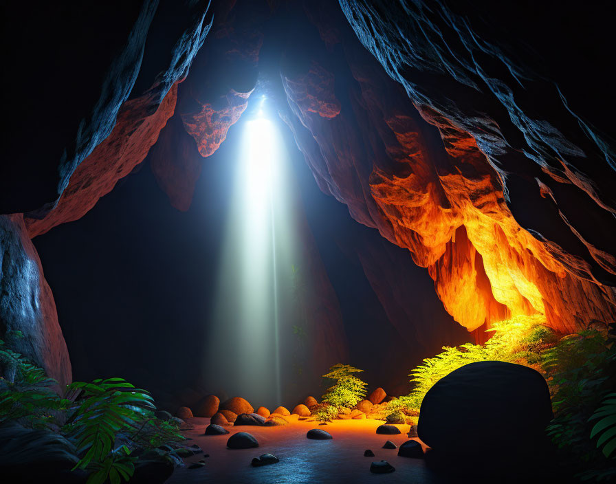 Mystical cave with light shaft, lush greenery & rocky terrain