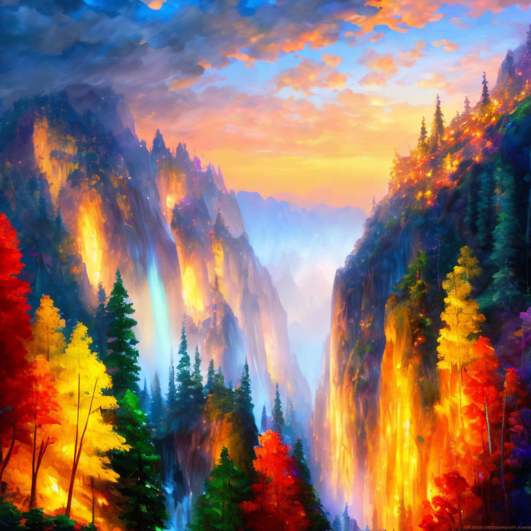 Colorful landscape: Waterfall, autumn trees, misty canyon, sunset sky