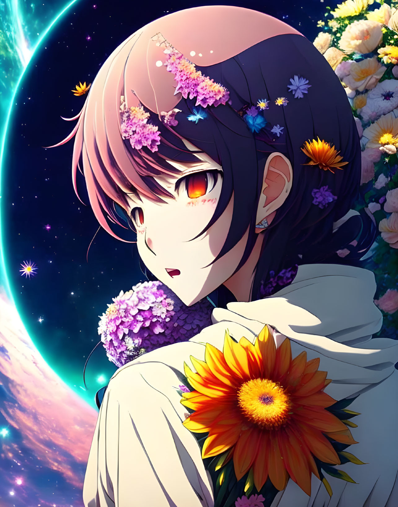 Anime-style illustration of girl with pink hair and golden eyes surrounded by flowers in cosmic starry scene with