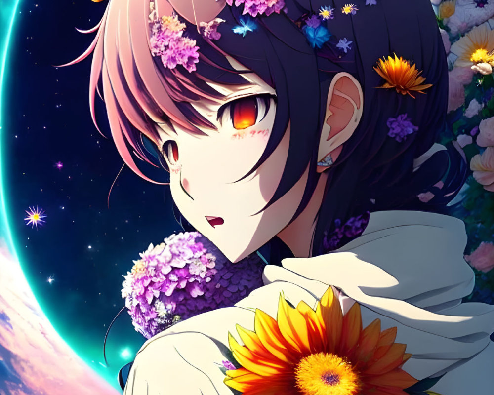 Anime-style illustration of girl with pink hair and golden eyes surrounded by flowers in cosmic starry scene with