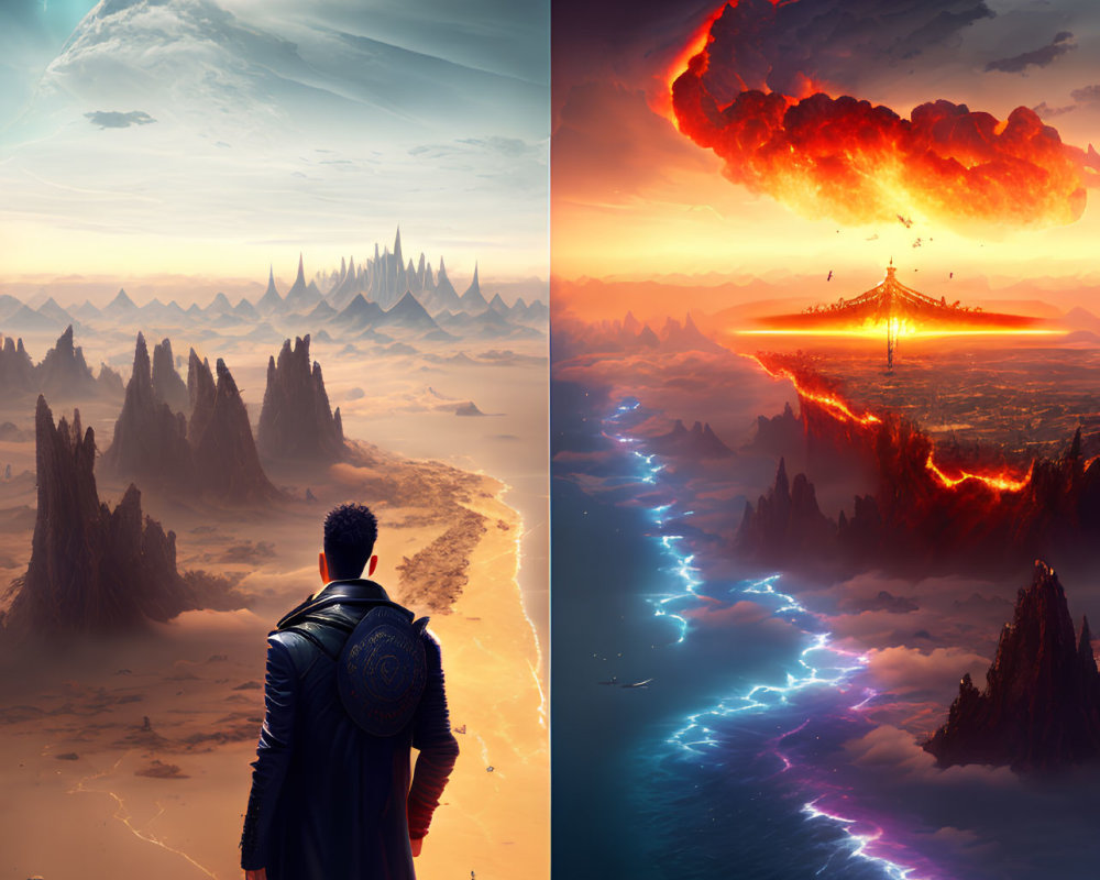 Split image: Man in alien landscape with spires & planet vs. volcanic eruption with lightning.