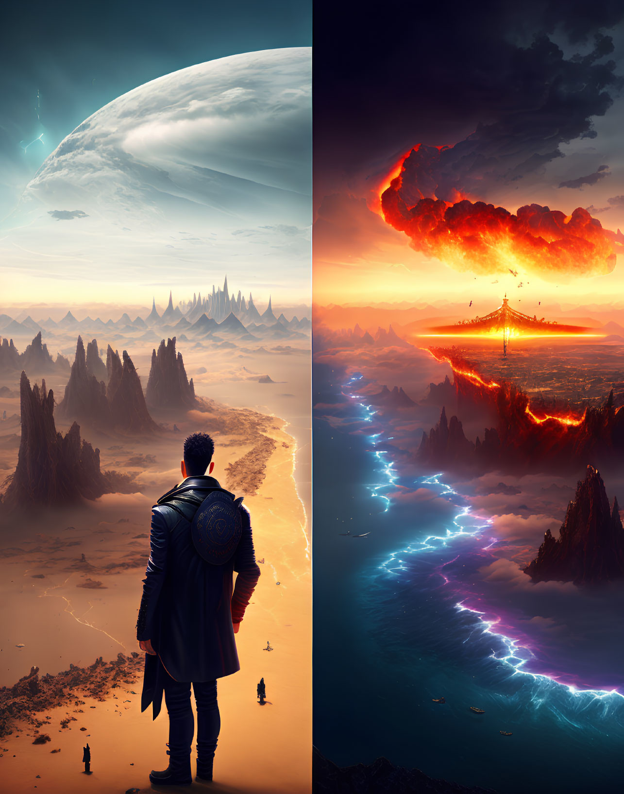 Split image: Man in alien landscape with spires & planet vs. volcanic eruption with lightning.