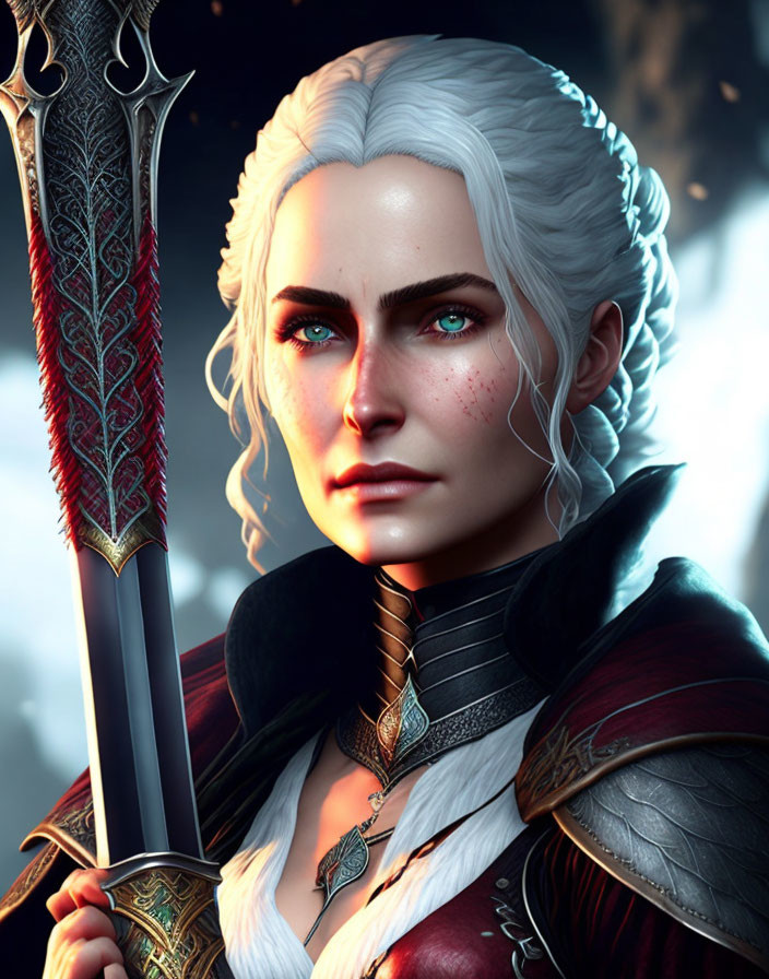 Digital Artwork: Female Character with White Hair, Blue Eyes, Sword, and Medieval Attire