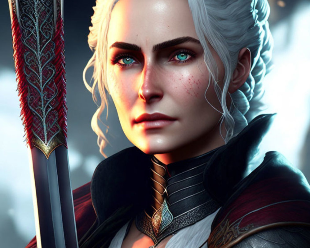 Digital Artwork: Female Character with White Hair, Blue Eyes, Sword, and Medieval Attire