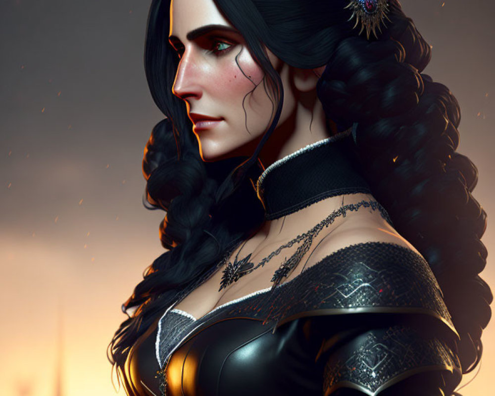 CGI portrait of woman with black hair and intricate dress on warm background