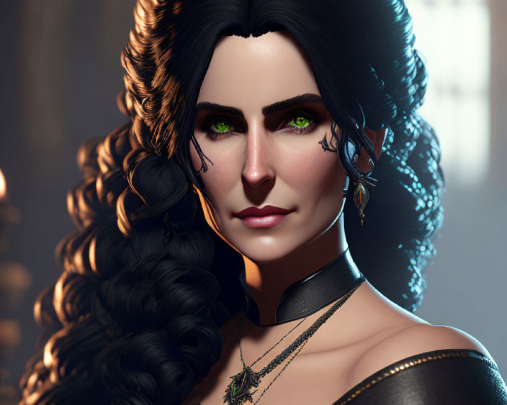 Olive-skinned 3D character with emerald eyes and black curls