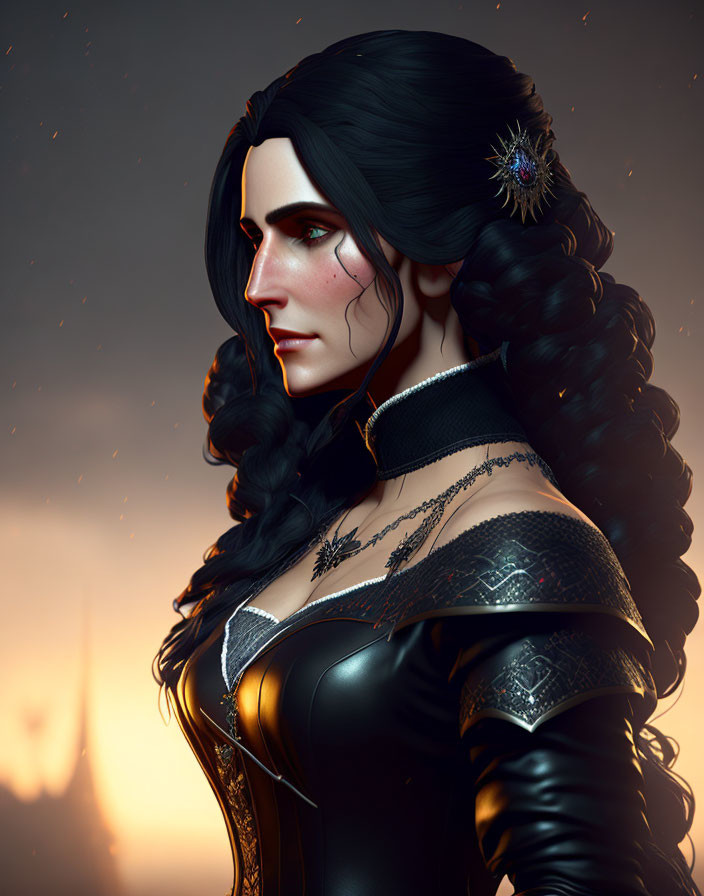 CGI portrait of woman with black hair and intricate dress on warm background