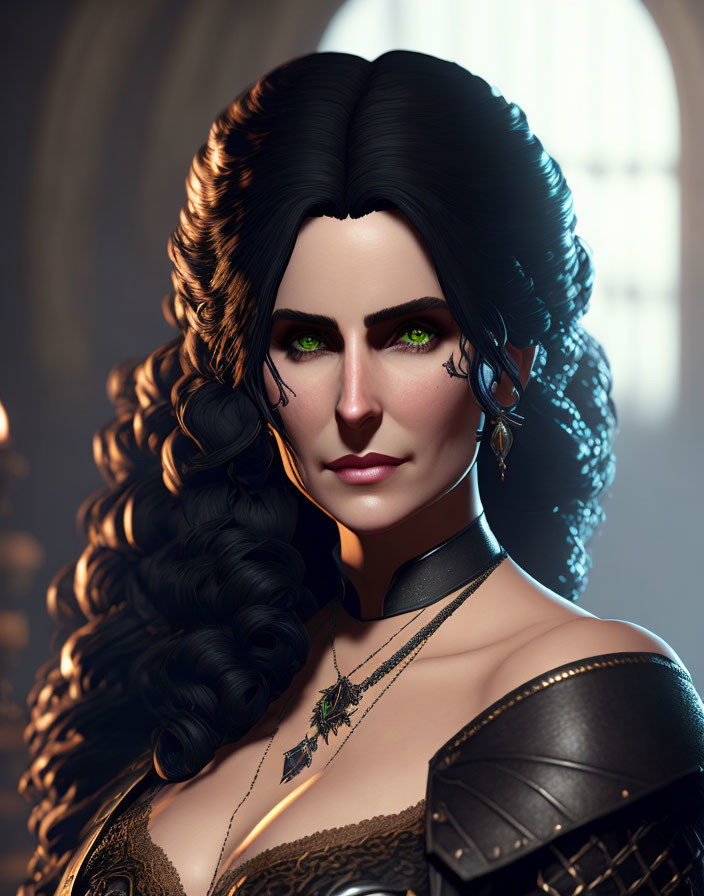 Olive-skinned 3D character with emerald eyes and black curls