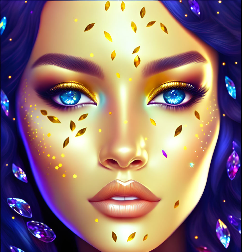 Woman with Blue Eyes and Golden Leaf Patterns Surrounded by Purple Crystals