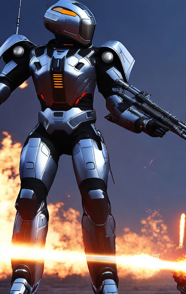 Silver-armored robot in futuristic setting with fiery explosions and gun.