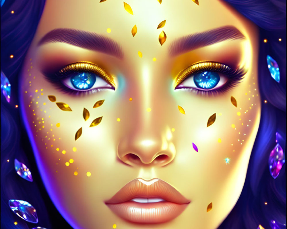 Woman with Blue Eyes and Golden Leaf Patterns Surrounded by Purple Crystals