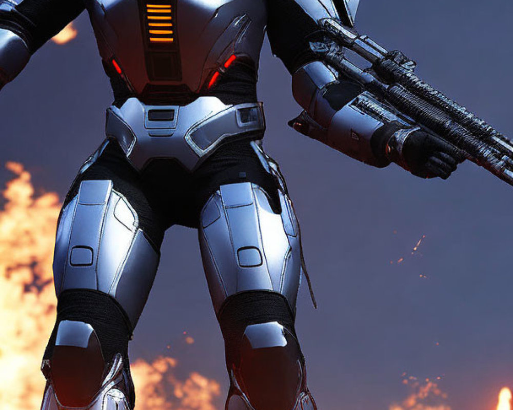 Silver-armored robot in futuristic setting with fiery explosions and gun.