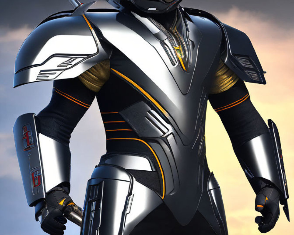 Armored character with reflective helmet and batons on gradient sky background